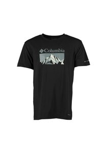 Zwarte T-shirt met korte mouwen met een grafische print van gestileerde bergen in grijs en wit. Columbia-logo boven het ontwerp weergegeven.