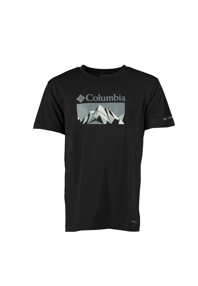 Zwarte T-shirt met korte mouwen met een grafische print van gestileerde bergen in grijs en wit. Columbia-logo boven het ontwerp weergegeven.