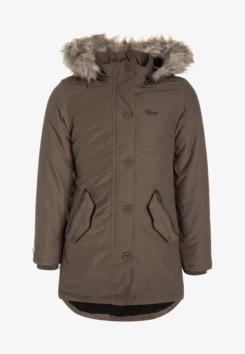 Parka matelassée marron avec une capuche bordée de fausse fourrure, des fermetures à boutons et deux poches latérales zippées. Tissu doux et texturé. Coupe standard avec ourlet arrondi.