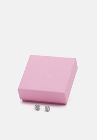 Silverörhängen formade som svanar, prydda med små klara stenar, visade bredvid en rosa texturerad presentask präglad med en logotyp.