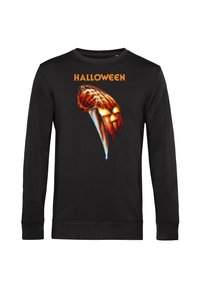 Felpa nera a maniche lunghe con una grafica raffigurante una zucca e un coltello, adornata con la parola "HALLOWEEN" in arancione sopra il design.