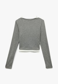 Grauer langärmliger Cropped-Top mit strukturiertem Finish und weißem Saum sowie Kragen. Einfaches, lässiges Design ohne Verzierungen.