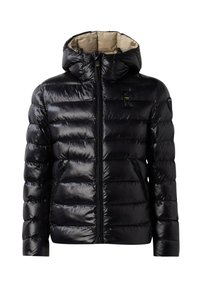 Giubbotto imbottito nero lucido con cappuccio, zip frontale, tasche laterali con zip e fodera beige all'interno del cappuccio.