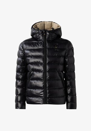 Giubbotto imbottito nero lucido con cappuccio, zip frontale, tasche laterali con zip e fodera beige all'interno del cappuccio.