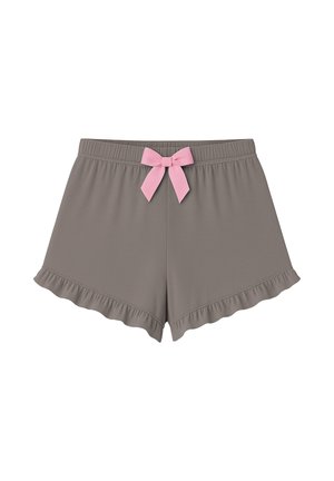 Grå søvnshorts med bølget kant, der har en lyserød satinbue i taljen. Fremstillet af blødt, strækbart stof.