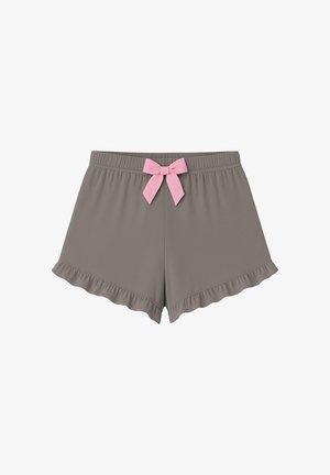 Shorts de somn gri cu un tiv volanat, dotate cu o fundiță roz din satin la talie. Realizate dintr-un material moale și elastic.