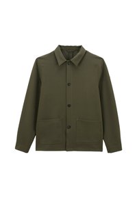 Veste boutonnée vert olive avec un col, des manches longues et deux grandes poches avant.
