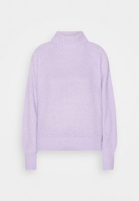 Pull en laine lavande avec un col haut, des manches longues et des poignets côtelés. Le tissu présente un motif à tissage lâche, créant une apparence texturée.