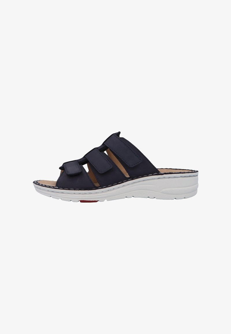 Navy blue open-toe sandal with three adjustable Velcro straps and white cushioned sole for comfort and support.