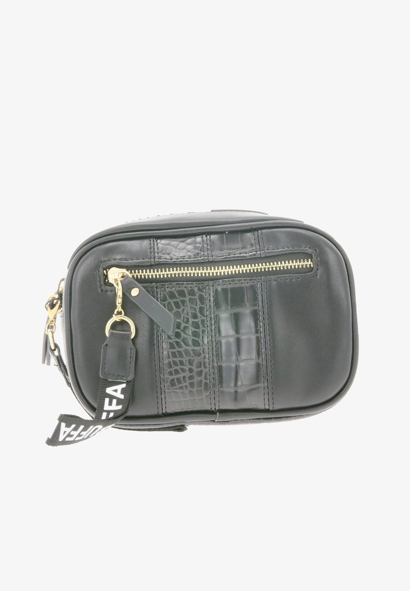 Black leather crossbody bag featuring a textured crocodile pattern, gold zipper, side strap, and a flat base for stability.