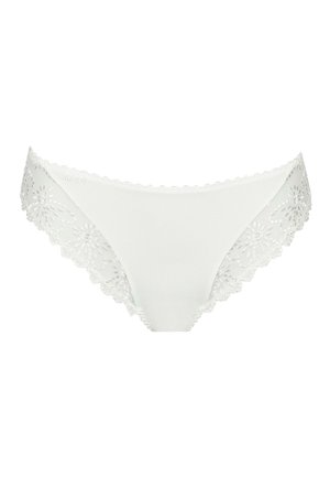 White lace-trimmed bikini briefs featuring a smooth fabric body, floral lace accents on the sides, and scalloped edges for detail.