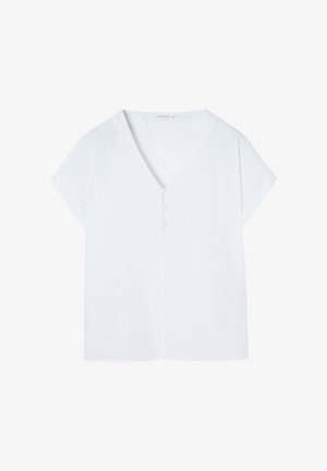Bluză albă cu mânecă scurtă și decolteu în V, cu trei butoane pe față, confecționată dintr-un material ușor, cu o textură fină.