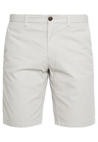Světlé šedé khaki kraťasy s knoflíkovým zapínáním, zipem a poutky na pásek. Hladká tkanina s tkanými detaily v kontrastní barvě.