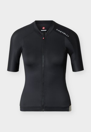 Crna biciklistička majica kratkih rukava s prednjim patentnim zatvaračem, Castelli logotipom na lijevom ramenu i malim crvenim logotipom blizu ovratnika.