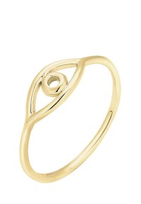 Goldring mit einem zarten, geschwungenen Design, das eine tropfenförmige Form und ein kreisförmiges Detail in der Mitte aufweist. Glatte Textur und polierte Oberfläche.