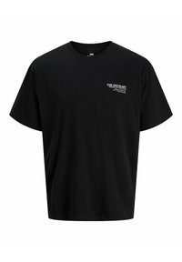 Schwarzes Baumwoll-T-Shirt mit kurzen Ärmeln, oversized Passform, Rundhalsausschnitt und einem kleinen Drucklogo auf der linken Brust. Glatte Textur.