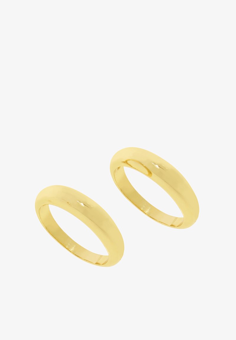 Pair of smooth, polished gold rings with a rounded, simple design and a shiny finish. No additional patterns or accents present.