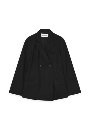 Sort dobbeltbrystet blazer med nakkerevers, to frontlommer og diskret skulderpolstring. Fremstillet af vævet stof med en glat tekstur.