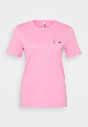T-shirt en coton rose avec des manches courtes, un col rond et un texte brodé noir qui indique "Party" sur le côté gauche.
