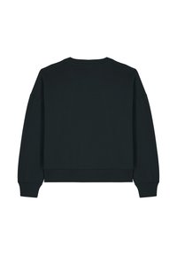Zwarte longsleeve sweatshirt met ribbels aan de manchetten en onderkant, getoond van achteren op een witte achtergrond.