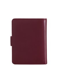 Burgundy leather wallet with a smooth texture, rectangular shape, and visible stitching. Features a side closure tab for security.