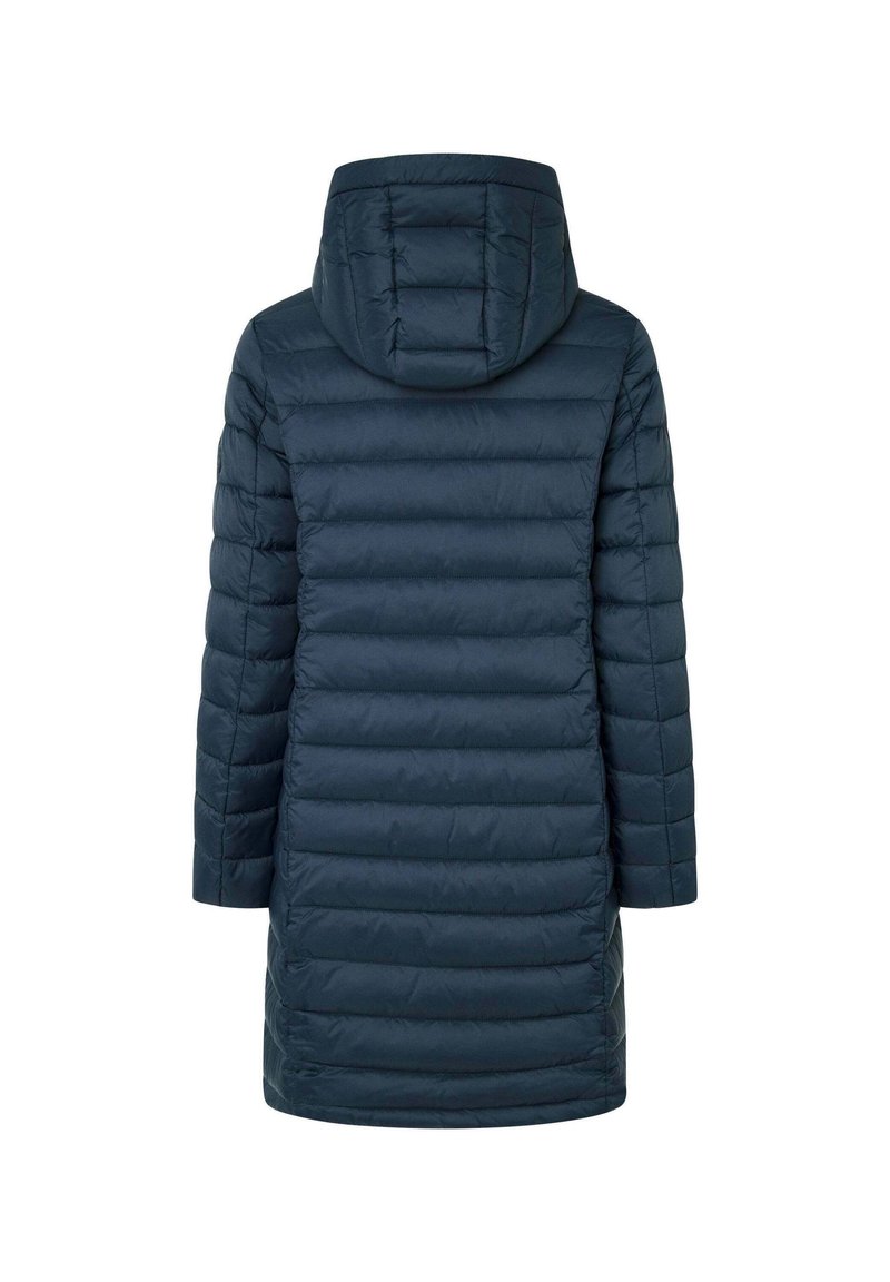 Cappotto imbottito blu navy con cappuccio, caratterizzato da un design trapuntato, maniche lunghe e lunghezza media, realizzato in un materiale liscio e testurizzato.