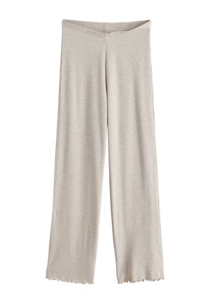 Pantalon large beige clair avec taille élastique et ourlets légèrement froncés, en tissu doux et léger.