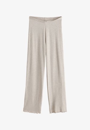 Heledad beežid laia säärega püksid elastse vöökohaga ja kergelt volangidega ääred, valmistatud pehmest, kerges kangast.