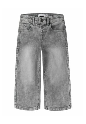 Jeans gris à jambes larges pour enfants avec poches avant, passants de ceinture et fermeture à bouton.