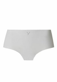 Bílé bavlněné hipster kalhotky s hladkým povrchem, elastickým pasem a malým tečkovaným detailem ve tvaru V na přední straně.