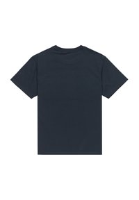 Dunkelblaues Baumwoll-T-Shirt mit kurzen Ärmeln und Rundhalsausschnitt. Glatte Textur, keine sichtbaren Muster oder Grafiken auf der Rückseite.