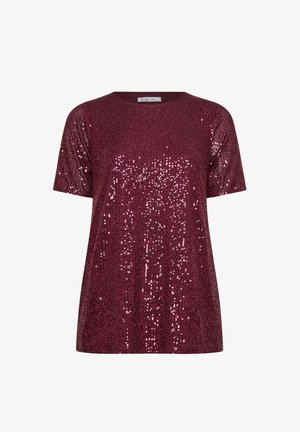T-shirt corto bordeaux a maniche corte ricoperto di paillettes, con scollatura rotonda e vestibilità morbida, che mette in evidenza una texture liscia e una lucentezza.