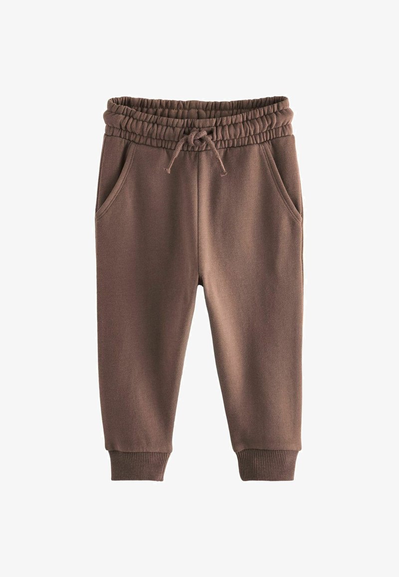 Brune fleece joggerbukser med elastisk talje, snor, ribbede manchetter og to sidelommer. Blød tekstur og afslappet design.
