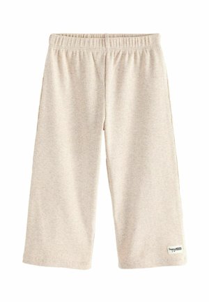 Pantaloni bej cu dungă, cu picioare largi, cu un tiv elastic și un mic etichetă logo "happyMOOD" în colțul din dreapta jos. Textură moale din bumbac.