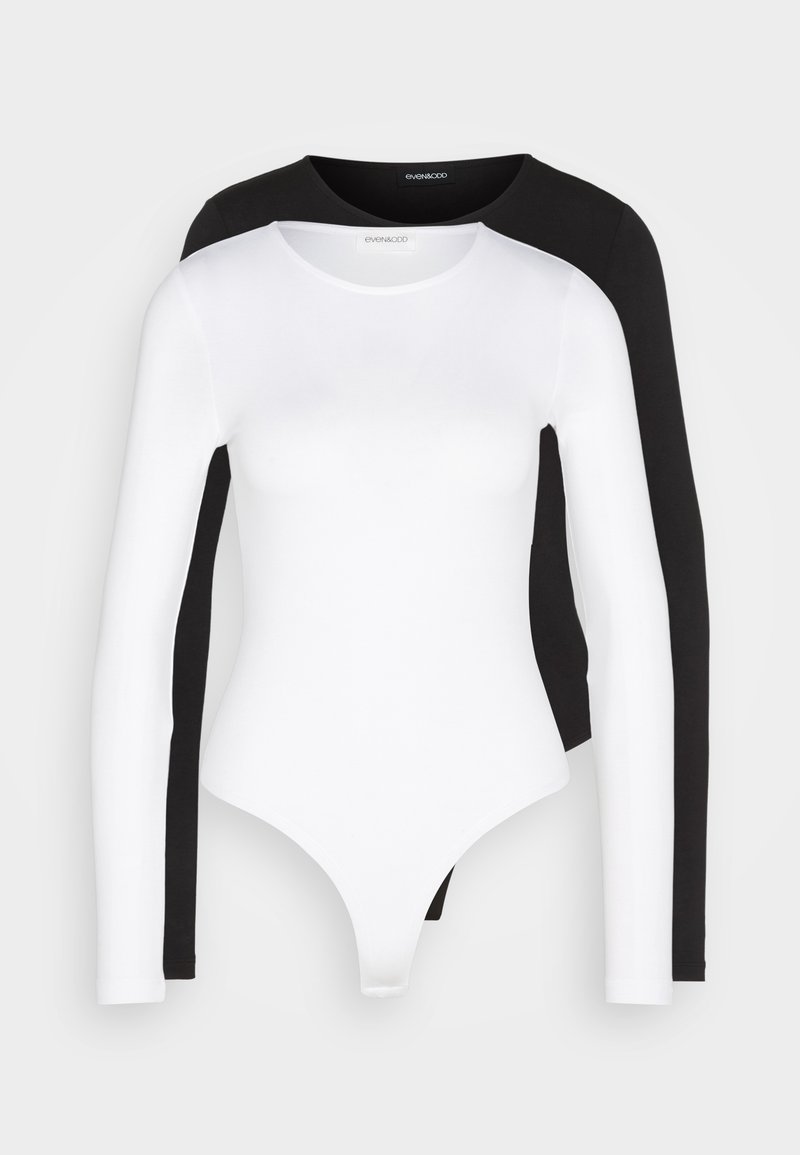 Body a maniche lunghe bianco e nero con scollatura rotonda. Realizzato in tessuto morbido ed elastico, presenta una parte inferiore in stile perizoma e maniche aderenti.