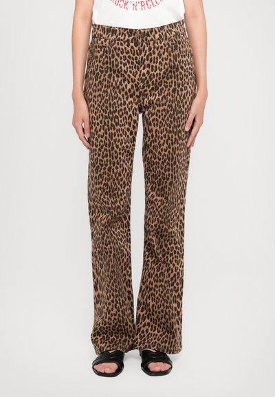 Leopard print wide-leg pants in a brown and black color scheme, featuring a button closure and standard pocket design. Soft fabric texture.