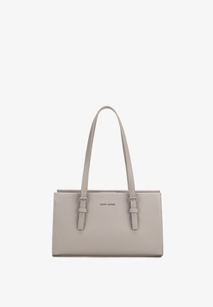 Borsa rettangolare grigio chiaro con due tracolle regolabili e un piccolo logo del marchio impresso al centro frontale.