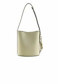 Kremfarbene Leder-Bucket-Bag mit schwarzem Besatz, geschwungenem oberen Rand und abnehmbarem Quasten-Anhänger. Verfügt über einen einzelnen verstellbaren Schulterriemen.