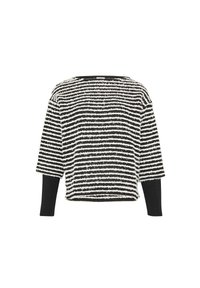 Zwart-witte gestreepte cropped trui met een gestructureerd weefsel. Heeft een brede halslijn en losse mouwen.