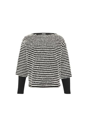 Zwart-witte gestreepte cropped trui met een gestructureerd weefsel. Heeft een brede halslijn en losse mouwen.
