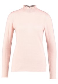 Haut rose clair à manches longues avec un col montant à volants et une texture douce, réalisé en tissu tricoté. Design simple et ajusté avec des épaules sans coutures.