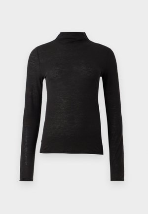 Čierny dlhý rukáv turtleneck top vyrobený z textúrovanej látky, charakterizovaný slim fit strihom a minimalistickým dizajnom bez viditeľných vzorov alebo kovových doplnkov.