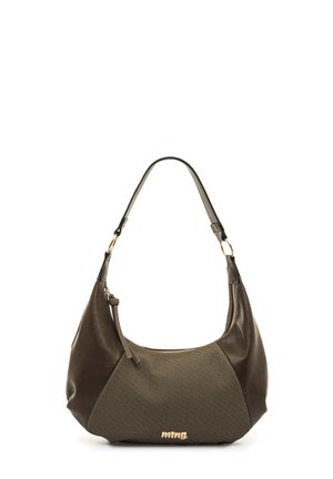 Sac à bandoulière en cuir et tissu marron foncé avec fermeture éclair dorée et logo « mngo. » au centre devant.