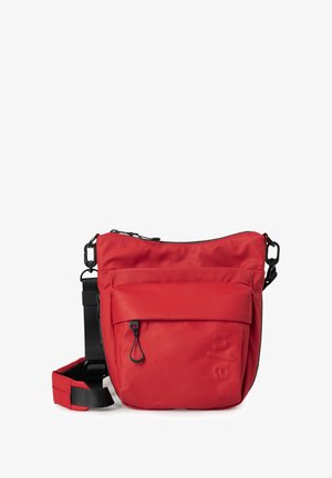 Borsa a tracolla rossa realizzata in materiale durevole. Presenta una chiusura superiore con zip, una tasca frontale con clip, una tracolla regolabile e un marchio testurizzato.