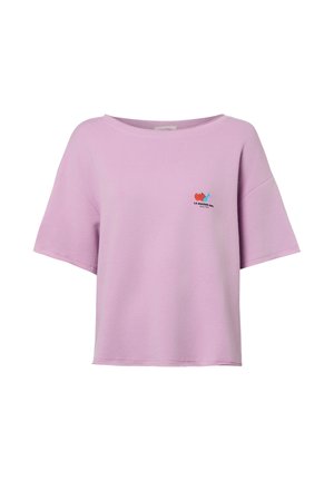 T-shirt ample à manches courtes lilas avec petit logo multicolore et texte "LA MAISON AMY" sur le côté gauche de la poitrine, col rond.