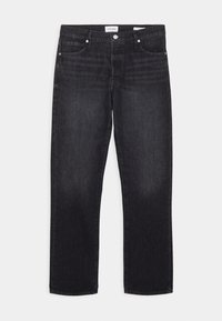 Mustat farkut suoran lahkeensuunnittelun kanssa, joissa on viisi taskua, vyölenkit ja nappikiinnitys vyötäröllä. Pehmeä, tekstuuriantava kangas.