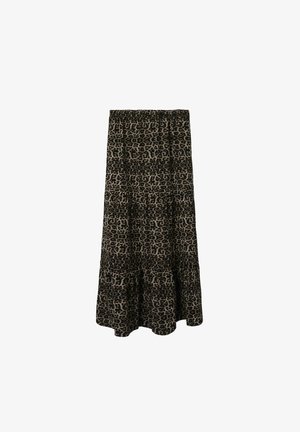 Maxihame, jossa on kerroksellinen muotoilu, valmistettu pehmeästä kankaasta mustalla ja ruskealla leopardikuosilla. Jousto- ja vyötäröosa mukavuutta varten.