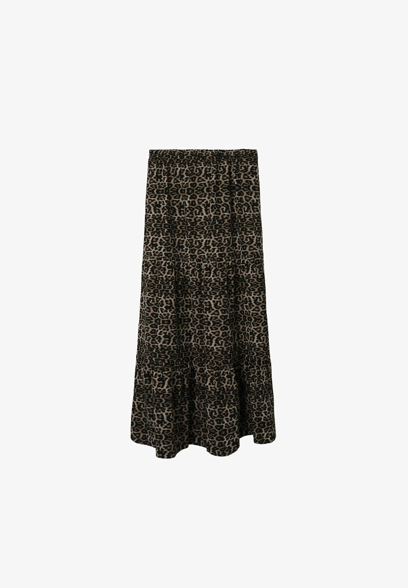 Maxihame, jossa on kerroksellinen muotoilu, valmistettu pehmeästä kankaasta mustalla ja ruskealla leopardikuosilla. Jousto- ja vyötäröosa mukavuutta varten.