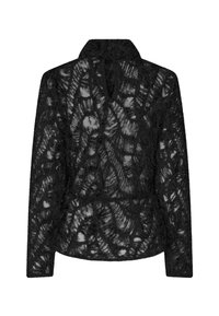 Černá krajková blůza s texturovaným designem a vzorem listů, dlouhými rukávy, límečkem a knoflíkovým zapínáním na zadní straně.