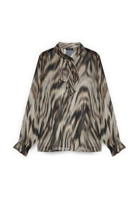 Blusa a maniche lunghe in tessuto fluido con un motivo ondulato marrone e crema. Presenta un laccetto al collo e polsini arricciati.